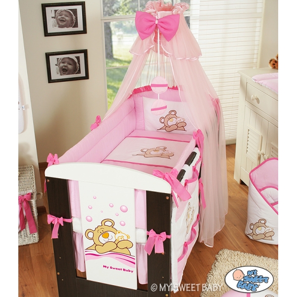 Babybettwäsche Set 5-tlg mit Moskitonetz (L60) - Teddy Bär Barnaba rosa