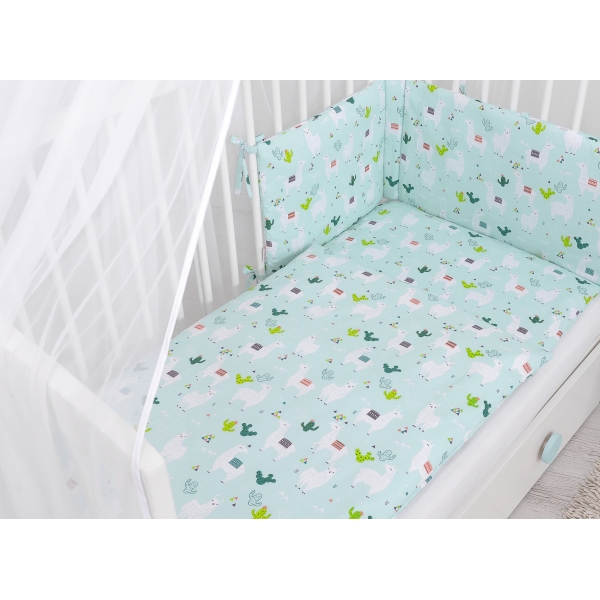 Babybettwäsche Set 5-tlg mit Moskitonetz - Lamas minze