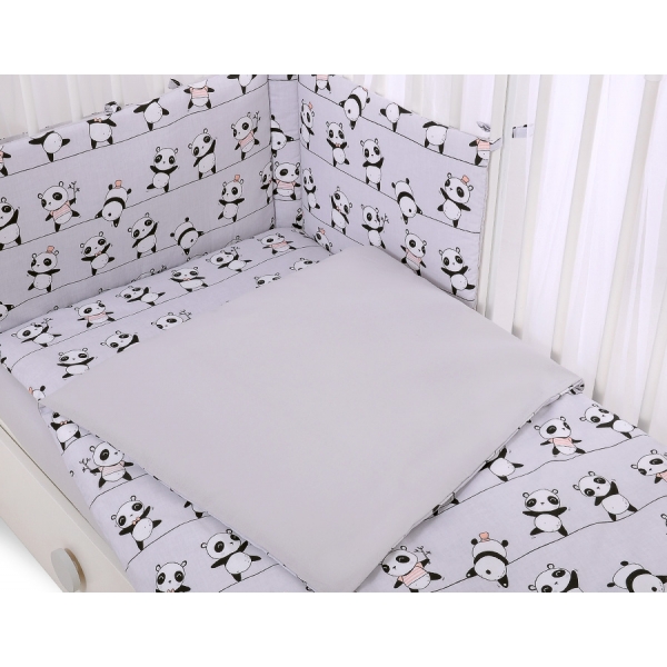Babybettwäsche Set 5-tlg mit Moskitonetz - Panda grau