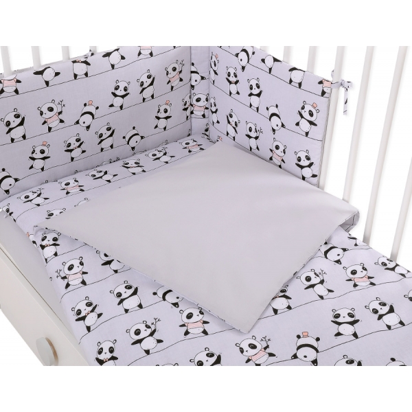 Babybettwäsche Set 5-tlg mit Moskitonetz - Panda grau