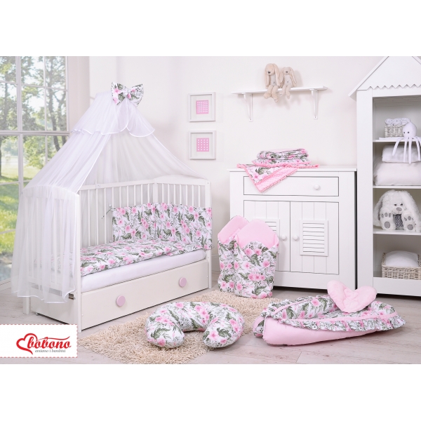 Babybettwäsche Set 5-tlg mit Moskitonetz - rosa Blumen-Muster