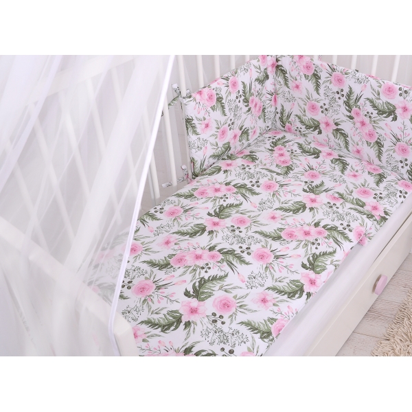 Babybettwäsche Set 5-tlg mit Moskitonetz - rosa Blumen-Muster