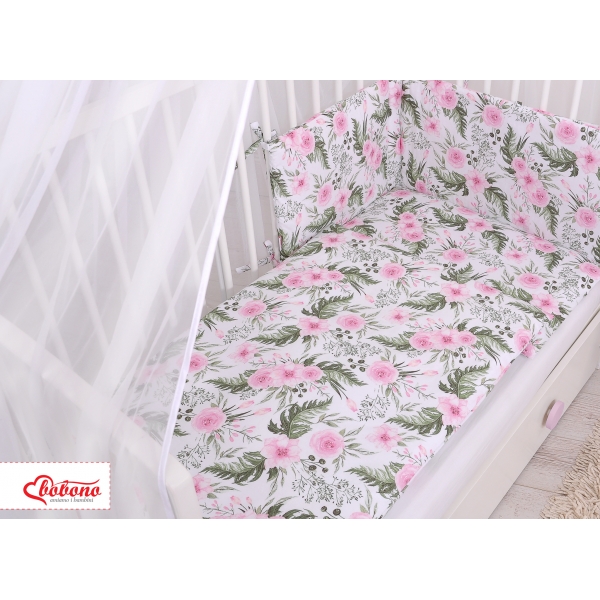 Babybettwäsche Set 5-tlg mit Moskitonetz - rosa Blumen-Muster