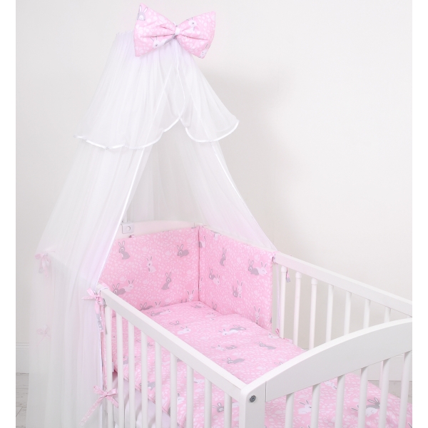 Babybettwäsche Set 5-tlg mit Moskitonetz - rosa Hasen