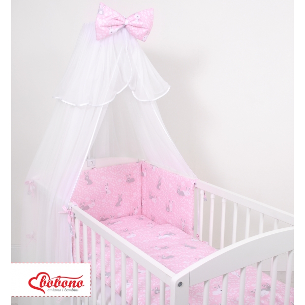 Babybettwäsche Set 5-tlg mit Moskitonetz - rosa Hasen