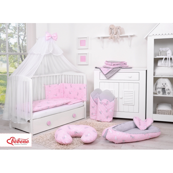 Babybettwäsche Set 5-tlg mit Moskitonetz - rosa Hasen