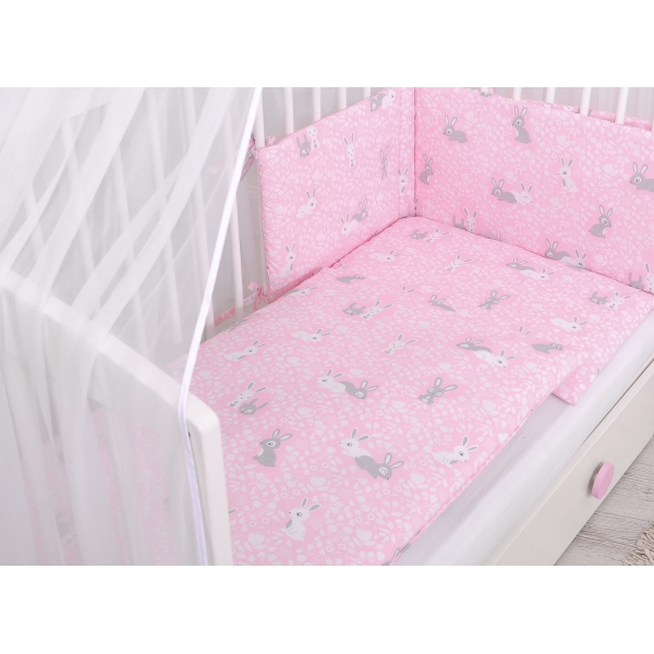 Babybettwäsche Set 5-tlg mit Moskitonetz - rosa Hasen