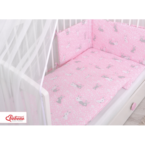 Babybettwäsche Set 5-tlg mit Moskitonetz - rosa Hasen