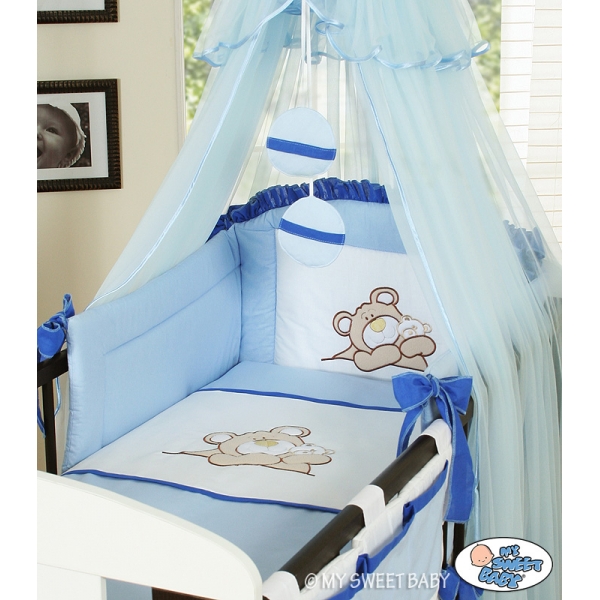 Babybettwäsche Set 5-tlg mit Moskitonetz (S60) - Teddy Bär Barnaba blau