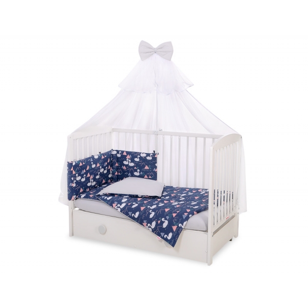 Babybettwäsche Set 5-tlg mit Moskitonetz - Schwäne dunkelblau