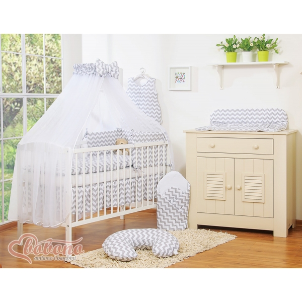 Babybettwäsche Set 5-tlg mit Moskitonetz - Simple Chevron grau