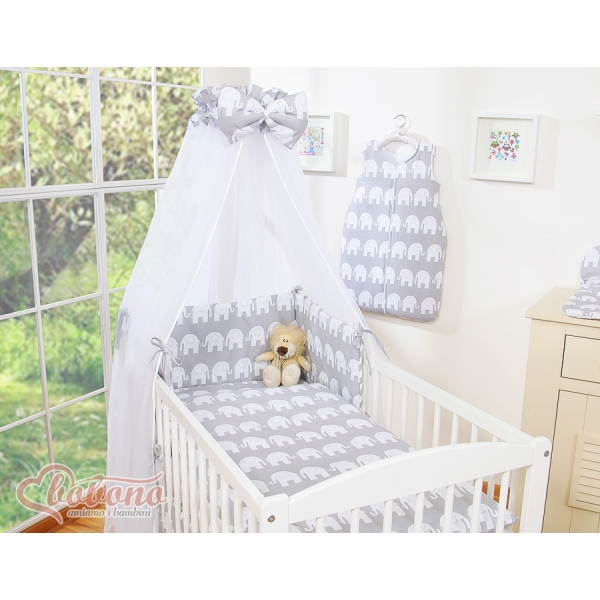 Babybettwäsche Set 5-tlg mit Moskitonetz - Simple Elefanten grau