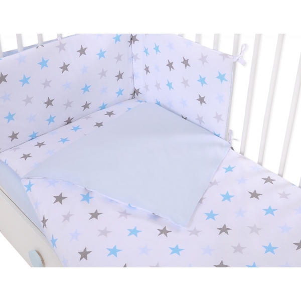Babybettwäsche Set 5-tlg mit Moskitonetz - Sternen grau -blau