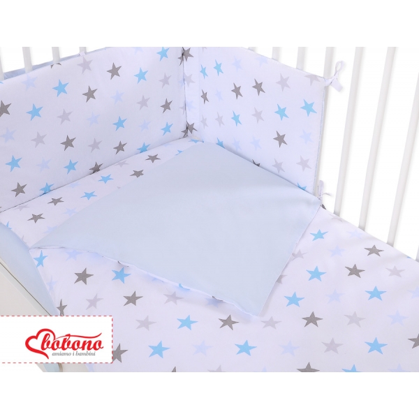 Babybettwäsche Set 5-tlg mit Moskitonetz - Sternen grau -blau
