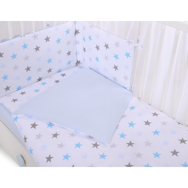 Babybettwäsche Set 5-tlg mit Moskitonetz - Sternen grau -blau