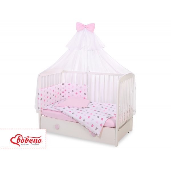 Babybettwäsche Set 5-tlg mit Moskitonetz - Sternen rosa - grau/ rosa
