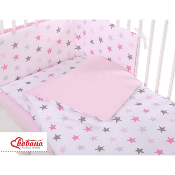 Babybettwäsche Set 5-tlg mit Moskitonetz - Sternen rosa - grau/ rosa