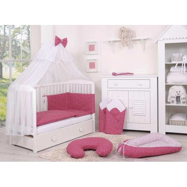 Babybettwäsche Set 5-tlg mit Moskitonetz - weinrote Sternchen