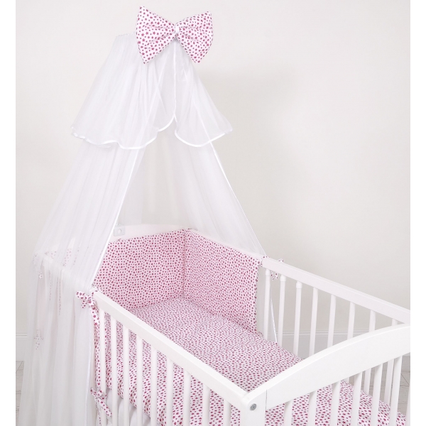 Babybettwäsche Set 5-tlg mit Moskitonetz - weiß-weinrote Sternchen