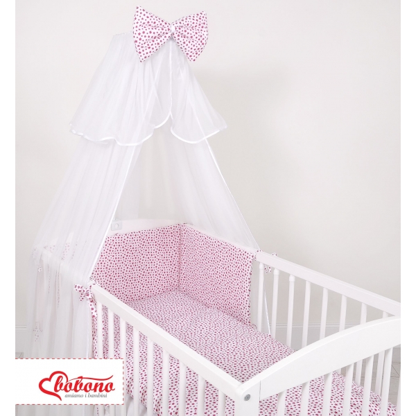 Babybettwäsche Set 5-tlg mit Moskitonetz - weiß-weinrote Sternchen