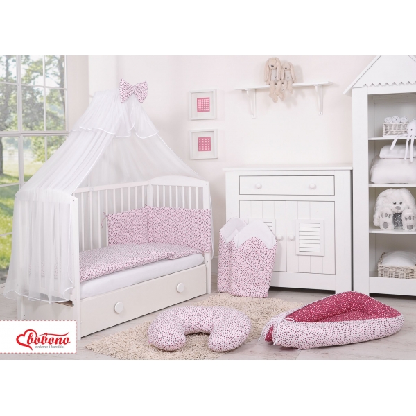 Babybettwäsche Set 5-tlg mit Moskitonetz - weiß-weinrote Sternchen