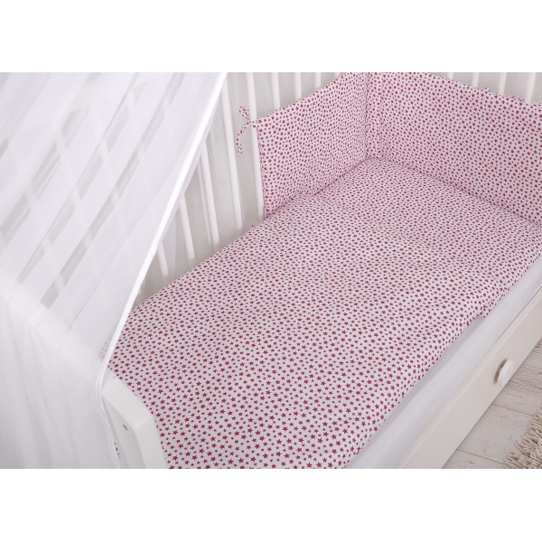 Babybettwäsche Set 5-tlg mit Moskitonetz - weiß-weinrote Sternchen