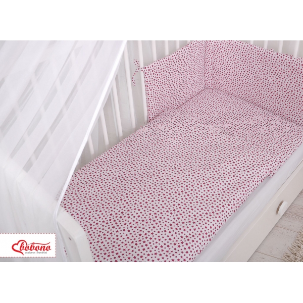 Babybettwäsche Set 5-tlg mit Moskitonetz - weiß-weinrote Sternchen