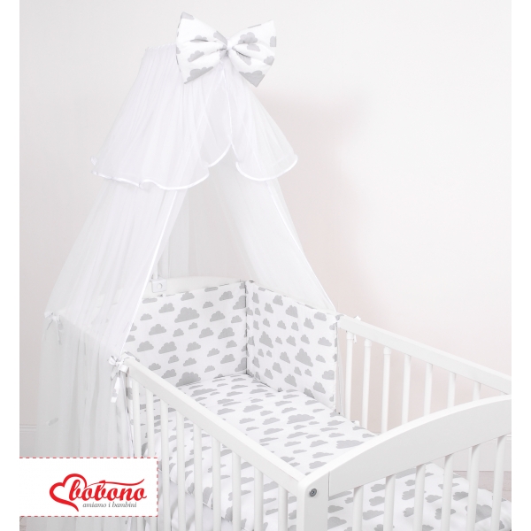 Babybettwäsche Set 5-tlg mit Moskitonetz - Wolken grau