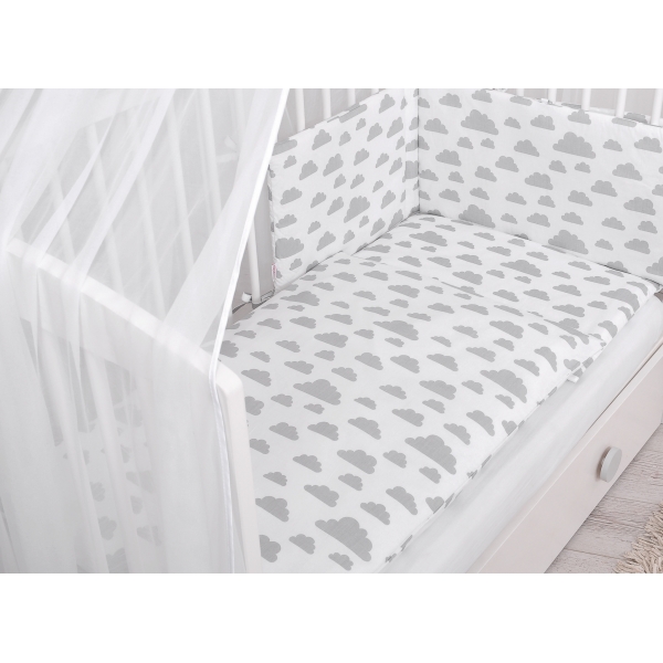 Babybettwäsche Set 5-tlg mit Moskitonetz - Wolken grau