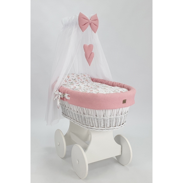 Babykorb mit Himmel auf große Rädern mit Rosa Bettwäsche-Set