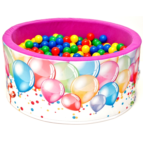 Bällebad pink mit bunten Bällen mit Luftballons