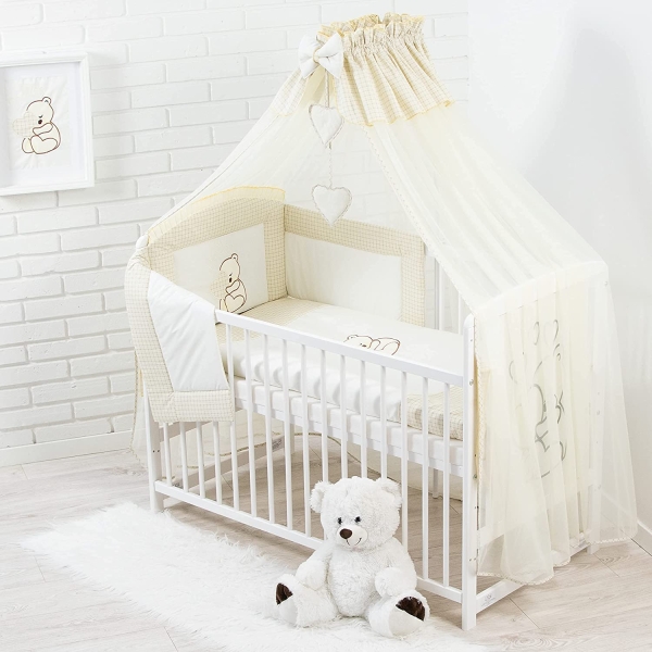 Beige Bettset für Kinderbett 10-Teilig mit Moskitonetz - Teddybär mit Herz