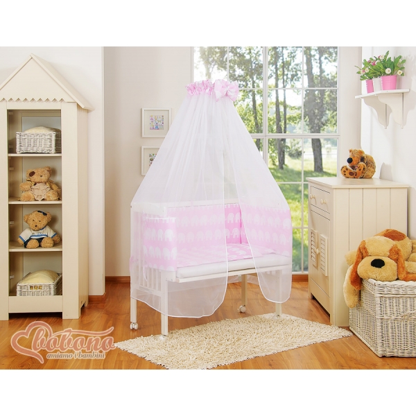 Beistellbett FABIO mit Matratze und Bettwäsche Set - Basic Elefanten rosa