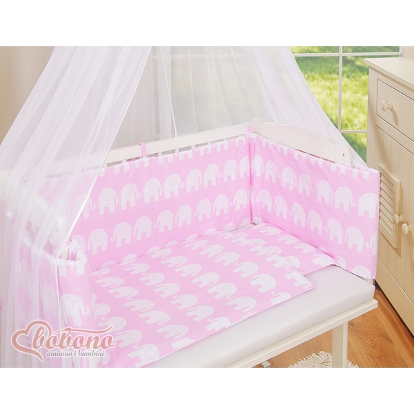 Beistellbett FABIO mit Matratze und Bettwäsche Set - Basic Elefanten rosa