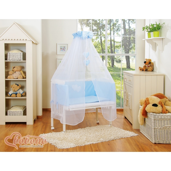 Beistellbett mit Matratze und Bettwäsche Set - Hängende Herzen blau
