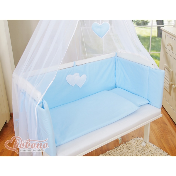 Beistellbett mit Matratze und Bettwäsche Set - Hängende Herzen blau