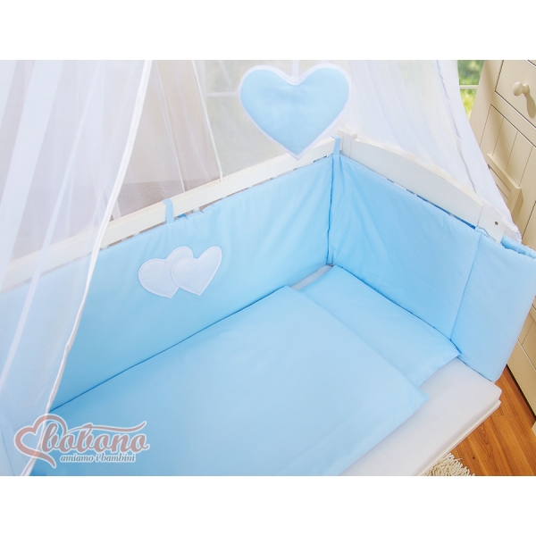 Beistellbett mit Matratze und Bettwäsche Set - Hängende Herzen blau