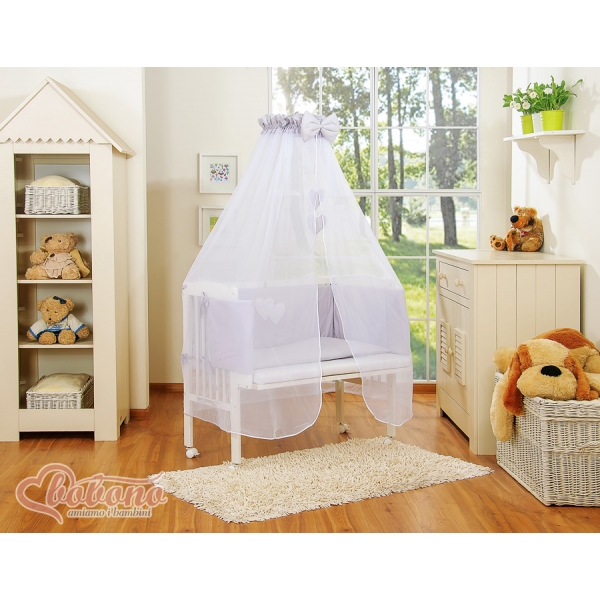 Beistellbett mit Matratze und Bettwäsche Set - Hängende Herzen grau