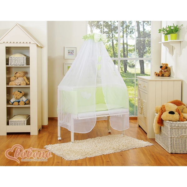 Beistellbett mit Matratze und Bettwäsche Set - Hängende Herzen grün