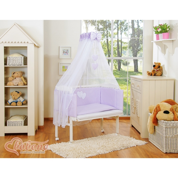 Beistellbett mit Matratze und Bettwäsche Set - Hängende Herzen lila