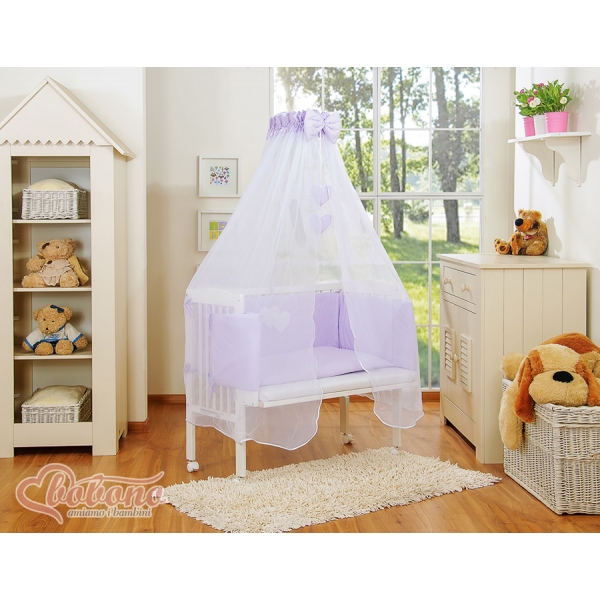Beistellbett mit Matratze und Bettwäsche Set - Hängende Herzen lila