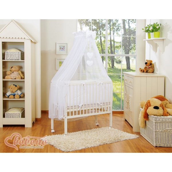 Beistellbett mit Himmel Matratze und Bettwäsche Set - Hängende Herzen weiß