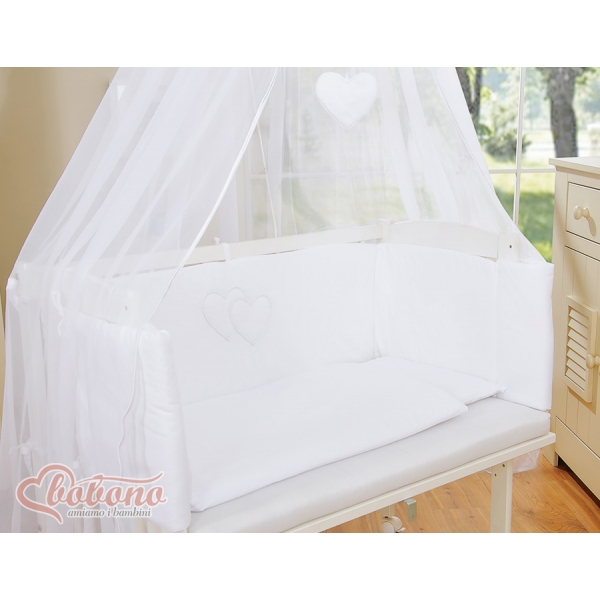 Beistellbett mit Himmel Matratze und Bettwäsche Set - Hängende Herzen weiß