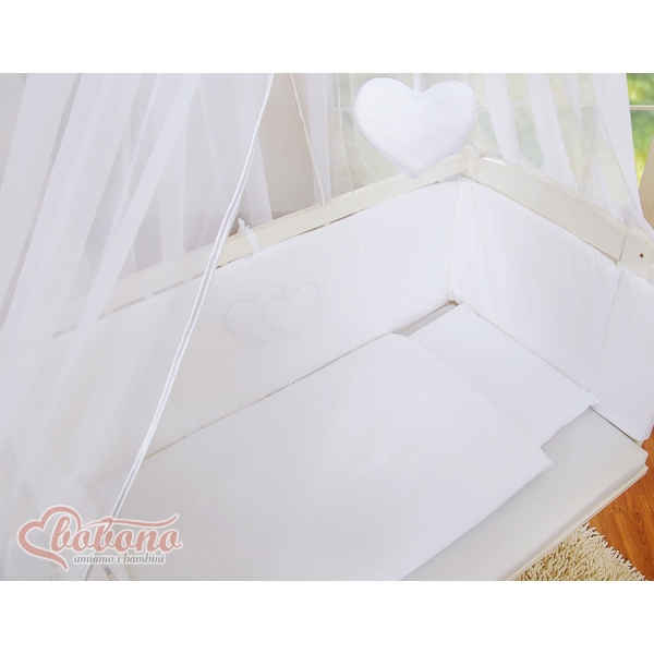 Beistellbett mit Himmel Matratze und Bettwäsche Set - Hängende Herzen weiß