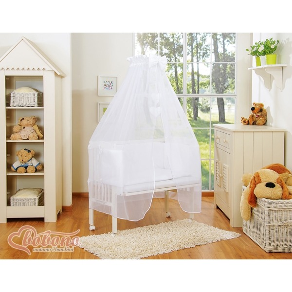 Beistellbett mit Himmel Matratze und Bettwäsche Set - Hängende Herzen weiß