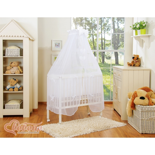 Beistellbett mit Himmel Matratze und Bettwäsche Set - Hängende Herzen weiß