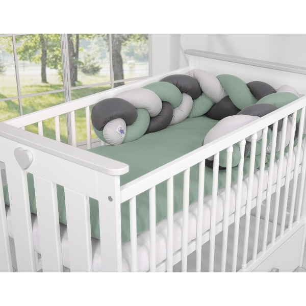 Bettschlange Geflochten - Kopfschutz für Babybett- pastellgrün- grau - anthrazit