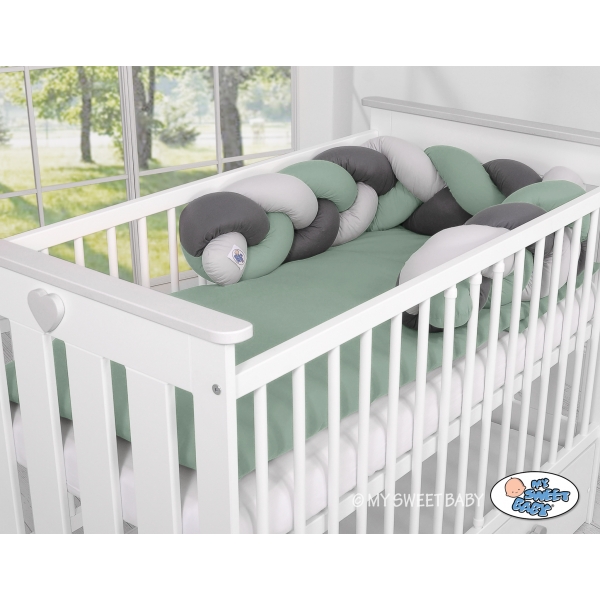 Bettschlange Geflochten - Kopfschutz für Babybett- pastellgrün- grau - anthrazit