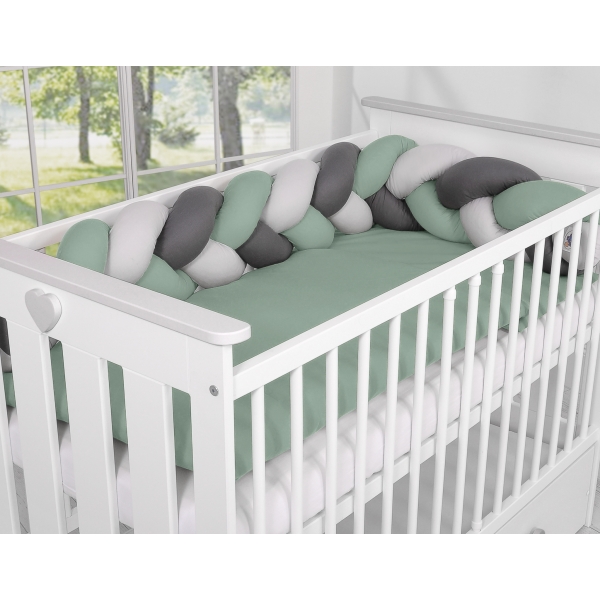 Bettschlange Geflochten - Kopfschutz für Babybett- pastellgrün- grau - anthrazit