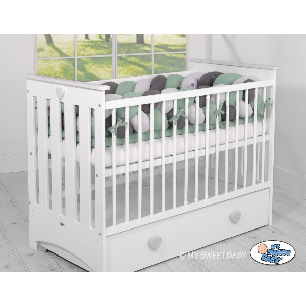 Bettschlange Geflochten - Kopfschutz für Babybett XXL- pastellgrün- grau - anthrazit